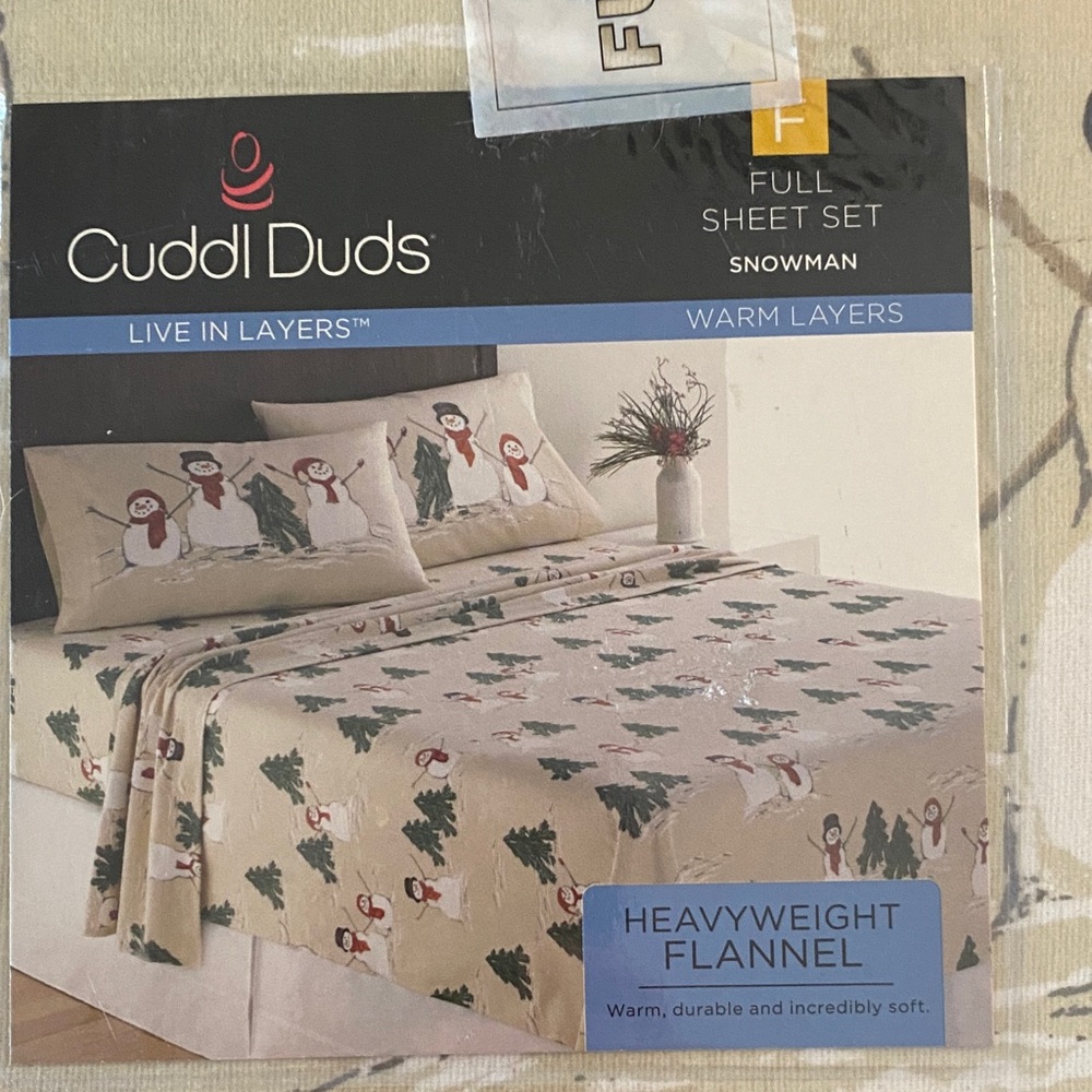 Cuddl Duds Snowman Flannel Sheet Set - Cream and Green full